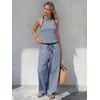 image:imageEXLURA Womens Cotton Summer 2 Piece Outfits Striped Halter Tops Matching Wide Leg Pant Sets Lounge Tracksuits Vacation TravelNavy Blue