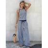 image:imageEXLURA Womens Cotton Summer 2 Piece Outfits Striped Halter Tops Matching Wide Leg Pant Sets Lounge Tracksuits Vacation TravelNavy Blue