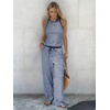 image:imageEXLURA Womens Cotton Summer 2 Piece Outfits Striped Halter Tops Matching Wide Leg Pant Sets Lounge Tracksuits Vacation TravelNavy Blue