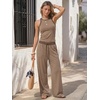 image:imageEXLURA Womens Cotton Summer 2 Piece Outfits Striped Halter Tops Matching Wide Leg Pant Sets Lounge Tracksuits Vacation TravelSolid Brown