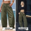 image:imageEXLURA Womens Faux Linen Barrel Pants Baggy Wide Leg Palazzo Pant Summer Cotton Lightweight Elastic Waist Trousers PocketsArmy Green
