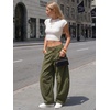 image:imageEXLURA Womens Faux Linen Barrel Pants Baggy Wide Leg Palazzo Pant Summer Cotton Lightweight Elastic Waist Trousers PocketsArmy Green