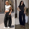 image:imageEXLURA Womens Faux Linen Barrel Pants Baggy Wide Leg Palazzo Pant Summer Cotton Lightweight Elastic Waist Trousers PocketsBlack