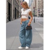 image:imageEXLURA Womens Faux Linen Barrel Pants Baggy Wide Leg Palazzo Pant Summer Cotton Lightweight Elastic Waist Trousers PocketsBlue