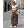 image:imageEXLURA Womens Faux Linen Barrel Pants Baggy Wide Leg Palazzo Pant Summer Cotton Lightweight Elastic Waist Trousers PocketsBrown