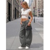 image:imageEXLURA Womens Faux Linen Barrel Pants Baggy Wide Leg Palazzo Pant Summer Cotton Lightweight Elastic Waist Trousers PocketsGrey