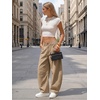 image:imageEXLURA Womens Faux Linen Barrel Pants Baggy Wide Leg Palazzo Pant Summer Cotton Lightweight Elastic Waist Trousers PocketsKhaki