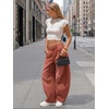 image:imageEXLURA Womens Faux Linen Barrel Pants Baggy Wide Leg Palazzo Pant Summer Cotton Lightweight Elastic Waist Trousers PocketsMaroon