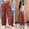 image:imageEXLURA Womens Faux Linen Barrel Pants Baggy Wide Leg Palazzo Pant Summer Cotton Lightweight Elastic Waist Trousers PocketsMaroon