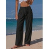 image:imageEXLURA Womens Summer Striped Pants Faux Linen Comfy Drawstring Wide Leg Pants Pockets Resort Beach Vacation Lounge TrousersSolid Black