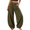image:imageEXLURA Womens Faux Linen Barrel Pants Baggy Wide Leg Palazzo Pant Summer Cotton Lightweight Elastic Waist Trousers PocketsArmy Green