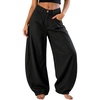 image:imageEXLURA Womens Faux Linen Barrel Pants Baggy Wide Leg Palazzo Pant Summer Cotton Lightweight Elastic Waist Trousers PocketsBlack