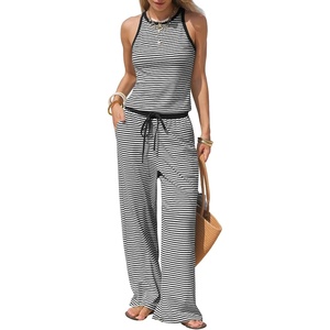 image:imageEXLURA Womens Cotton Summer 2 Piece Outfits Striped Halter Tops Matching Wide Leg Pant Sets Lounge Tracksuits Vacation TravelBlack