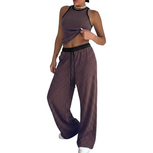 image:imageEXLURA Womens Cotton Summer 2 Piece Outfits Striped Halter Tops Matching Wide Leg Pant Sets Lounge Tracksuits Vacation TravelBlue Brown