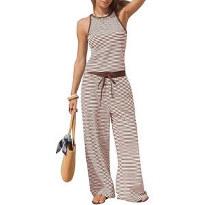 image:imageEXLURA Womens Cotton Summer 2 Piece Outfits Striped Halter Tops Matching Wide Leg Pant Sets Lounge Tracksuits Vacation TravelCoffee Brown