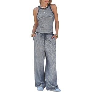 image:imageEXLURA Womens Cotton Summer 2 Piece Outfits Striped Halter Tops Matching Wide Leg Pant Sets Lounge Tracksuits Vacation TravelGrey