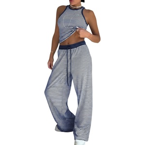 image:imageEXLURA Womens Cotton Summer 2 Piece Outfits Striped Halter Tops Matching Wide Leg Pant Sets Lounge Tracksuits Vacation TravelNavy Blue