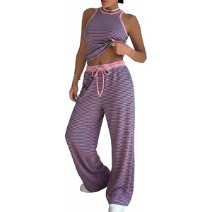 image:imageEXLURA Womens Cotton Summer 2 Piece Outfits Striped Halter Tops Matching Wide Leg Pant Sets Lounge Tracksuits Vacation TravelPink Green