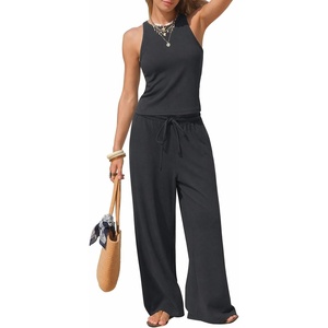 image:imageEXLURA Womens Cotton Summer 2 Piece Outfits Striped Halter Tops Matching Wide Leg Pant Sets Lounge Tracksuits Vacation TravelSolid Black
