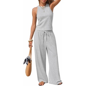 image:imageEXLURA Womens Cotton Summer 2 Piece Outfits Striped Halter Tops Matching Wide Leg Pant Sets Lounge Tracksuits Vacation TravelSolid Grey