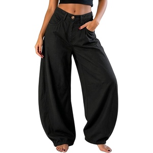 image:imageEXLURA Womens Faux Linen Barrel Pants Baggy Wide Leg Palazzo Pant Summer Cotton Lightweight Elastic Waist Trousers PocketsBlack