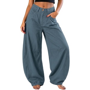 image:imageEXLURA Womens Faux Linen Barrel Pants Baggy Wide Leg Palazzo Pant Summer Cotton Lightweight Elastic Waist Trousers PocketsBlue