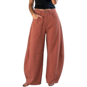 image:imageEXLURA Womens Faux Linen Barrel Pants Baggy Wide Leg Palazzo Pant Summer Cotton Lightweight Elastic Waist Trousers PocketsMaroon