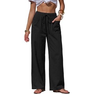 image:imageEXLURA Womens Summer Striped Pants Faux Linen Comfy Drawstring Wide Leg Pants Pockets Resort Beach Vacation Lounge TrousersSolid Black