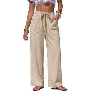 image:imageEXLURA Womens Summer Striped Pants Faux Linen Comfy Drawstring Wide Leg Pants Pockets Resort Beach Vacation Lounge TrousersSolid Khaki
