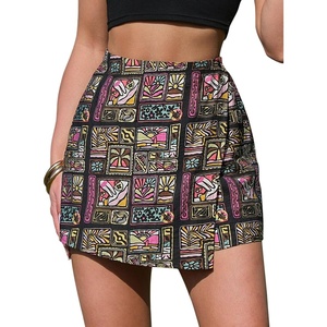 image:imageEXLURA Womens Summer Wrap Short Skirt Tropical Faux Linen Boho Mini Skirts Button Side High Waist Skort Beach Vacation ResortPattern Black