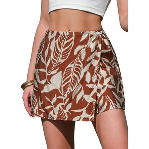 image:imageEXLURA Womens Summer Wrap Short Skirt Tropical Faux Linen Boho Mini Skirts Button Side High Waist Skort Beach Vacation ResortPattern Brown