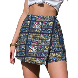 image:imageEXLURA Womens Summer Wrap Short Skirt Tropical Faux Linen Boho Mini Skirts Button Side High Waist Skort Beach Vacation ResortPattern Navy Blue
