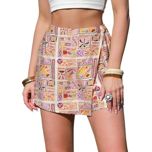 image:imageEXLURA Womens Summer Wrap Short Skirt Tropical Faux Linen Boho Mini Skirts Button Side High Waist Skort Beach Vacation ResortPattern Orange