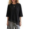 image:imageEXLURA Womens Summer Oversized Lace Trim T Shirts 2026 Casual Half Sleeve Asymmetrical Hem Tops Loose Crewneck Tunic Blouse Black
