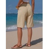 image:imageEXLURA Womens Faux Linen Striped Bermuda Shorts Casual Drawstring Elastic Waist Summer Vacation Beach Shorts with PocketsBeige