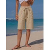 image:imageEXLURA Womens Faux Linen Striped Bermuda Shorts Casual Drawstring Elastic Waist Summer Vacation Beach Shorts with PocketsBeige
