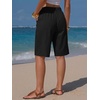 image:imageEXLURA Womens Faux Linen Striped Bermuda Shorts Casual Drawstring Elastic Waist Summer Vacation Beach Shorts with PocketsSolid Black