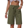 image:imageEXLURA Womens Faux Linen Striped Bermuda Shorts Casual Drawstring Elastic Waist Summer Vacation Beach Shorts with PocketsArmy Green