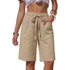 image:imageEXLURA Womens Faux Linen Striped Bermuda Shorts Casual Drawstring Elastic Waist Summer Vacation Beach Shorts with PocketsBeige