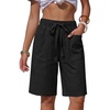 image:imageEXLURA Womens Faux Linen Striped Bermuda Shorts Casual Drawstring Elastic Waist Summer Vacation Beach Shorts with PocketsSolid Black