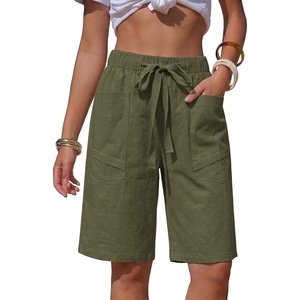 image:imageEXLURA Womens Faux Linen Striped Bermuda Shorts Casual Drawstring Elastic Waist Summer Vacation Beach Shorts with PocketsArmy Green