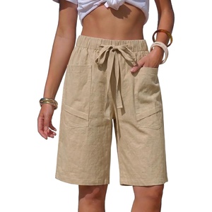 image:imageEXLURA Womens Faux Linen Striped Bermuda Shorts Casual Drawstring Elastic Waist Summer Vacation Beach Shorts with PocketsBeige