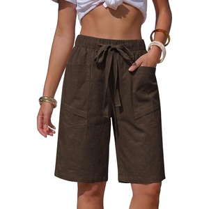 image:imageEXLURA Womens Faux Linen Striped Bermuda Shorts Casual Drawstring Elastic Waist Summer Vacation Beach Shorts with PocketsCoffee