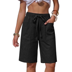 image:imageEXLURA Womens Faux Linen Striped Bermuda Shorts Casual Drawstring Elastic Waist Summer Vacation Beach Shorts with PocketsSolid Black