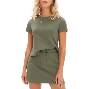 image:imageEXLURA Womens Summer 2 Piece Short Skirt Sets Cotton Short Sleeve Tshirt Matching Tennis Skort Airport Travel Vacation OutfitArmy Green