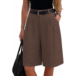 image:imageEXLURA Women Bermuda Shorts Knee Length Cotton Faux Linen Shorts Work Office Outfits Summer Beach High Waisted Shorts PocketsCoffee