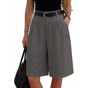 image:imageEXLURA Women Bermuda Shorts Knee Length Cotton Faux Linen Shorts Work Office Outfits Summer Beach High Waisted Shorts PocketsGrey