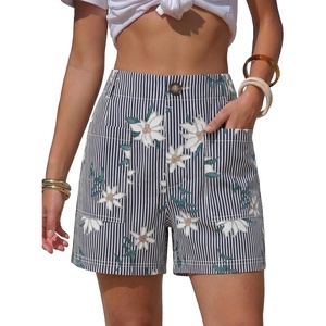 image:imageEXLURA Womens Summer Cute Striped Shorts Comfy Cotton Elastic Waist Floral Shorts Casual Boho Beach Short Pants with PocketsNavy Blue Stripe