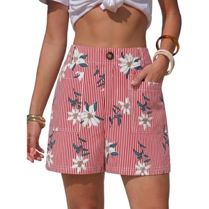 image:imageEXLURA Womens Summer Cute Striped Shorts Comfy Cotton Elastic Waist Floral Shorts Casual Boho Beach Short Pants with PocketsRed Stripe