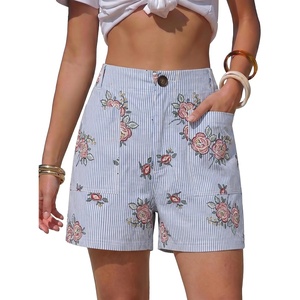 image:imageEXLURA Womens Summer Cute Striped Shorts Comfy Cotton Elastic Waist Floral Shorts Casual Boho Beach Short Pants with PocketsSky Blue Stripe